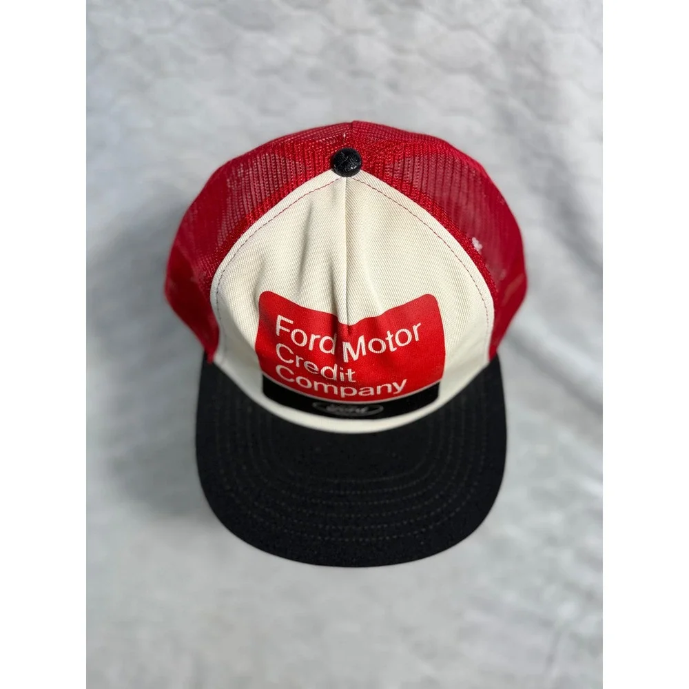 Vintage Ford Motor Credit Company Trucker Hat Red Black Mesh Snapback USA Made